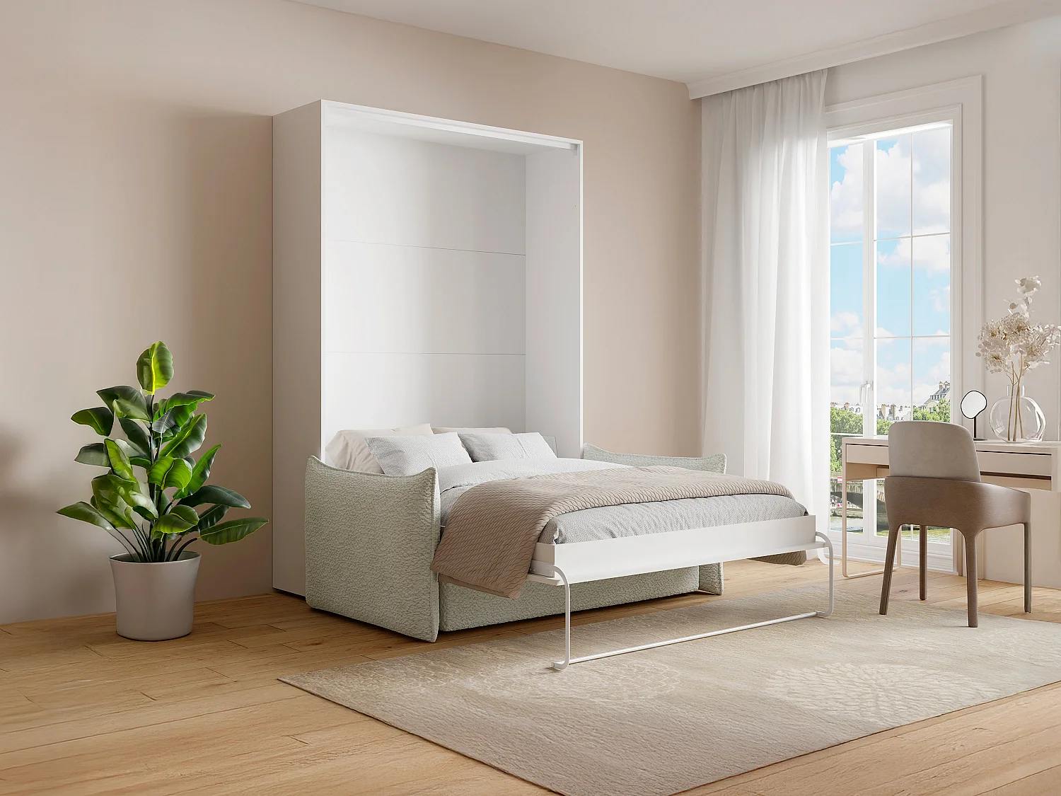 Lit escamotable 140 x 200 cm - Ouverture verticale manuelle - Blanc + Canapé - BEGANIO