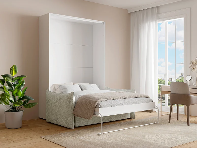 Lit escamotable 140 x 200 cm - Ouverture verticale manuelle - Blanc + Canapé - BEGANIO