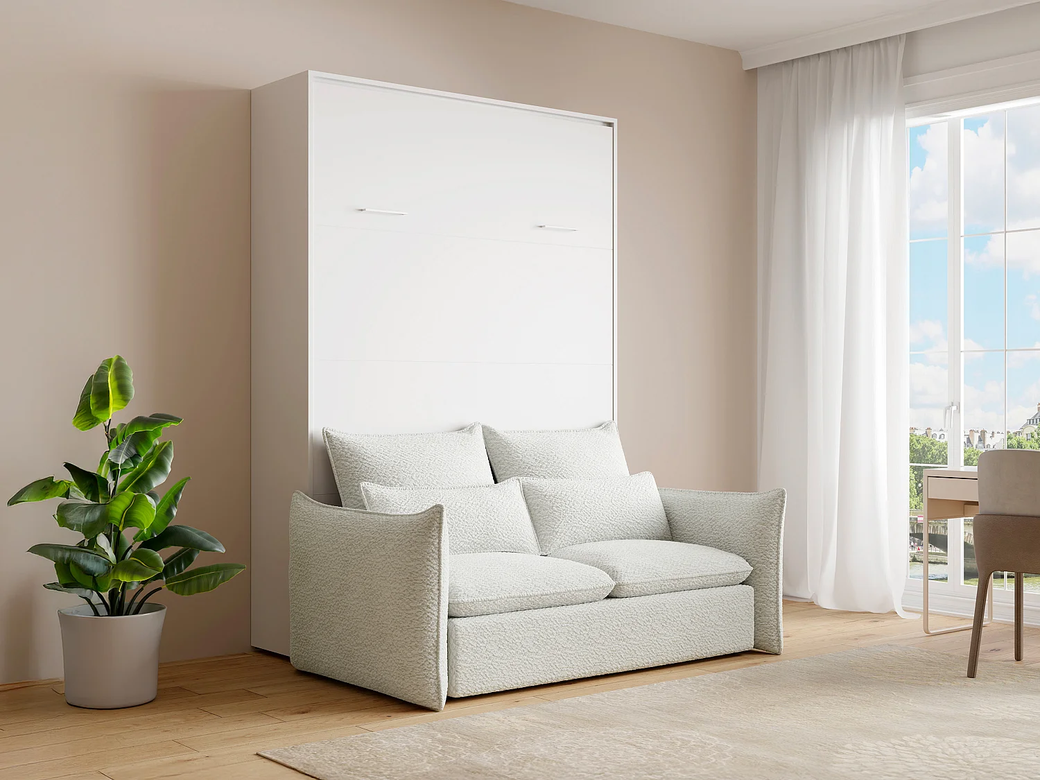 Sovesofa med skjult seng 140 x 200 cm - Manuell vertikal åpning - Hvit + Madrass + Sofa - BEGANIO