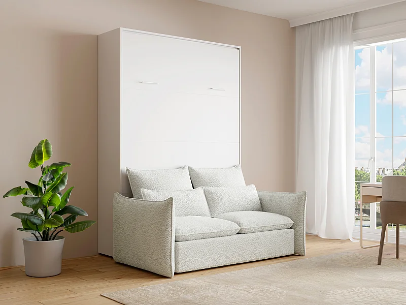 Lit escamotable 140 x 200 cm - Ouverture verticale manuelle - Blanc + Matelas + Canapé - BEGANIO