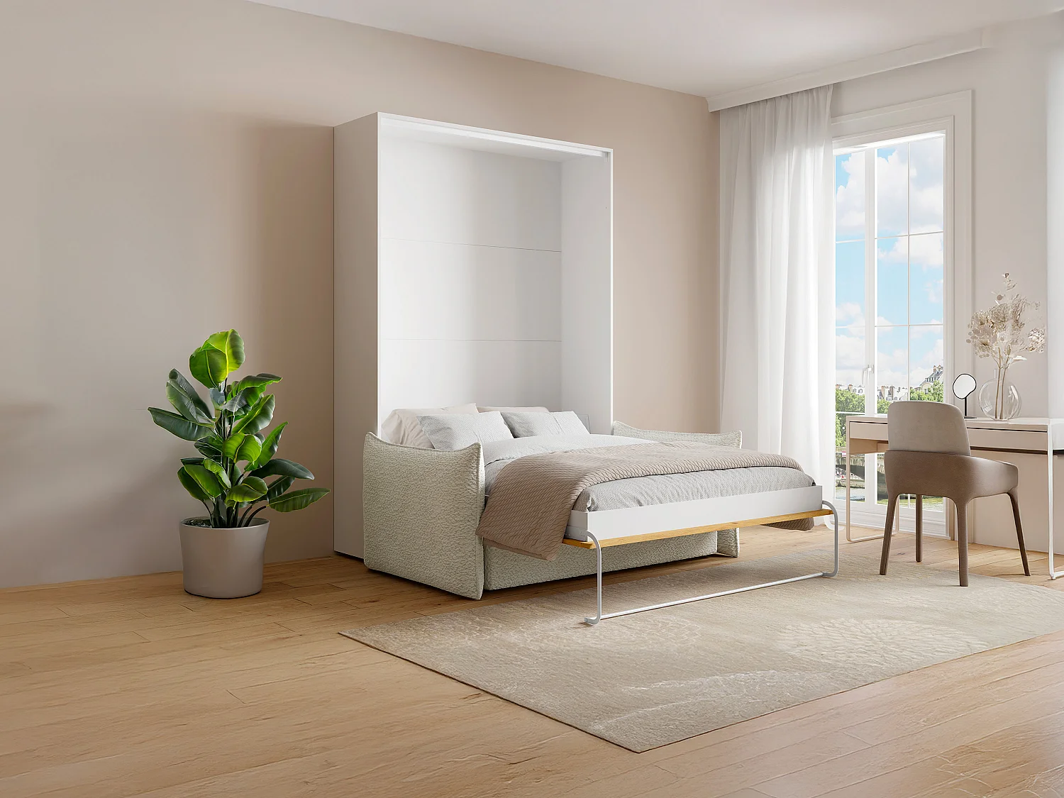 Lit escamotable 140 x 200 cm - Ouverture verticale manuelle - Coloris : Naturel et blanc + Canapé - BEGANIO