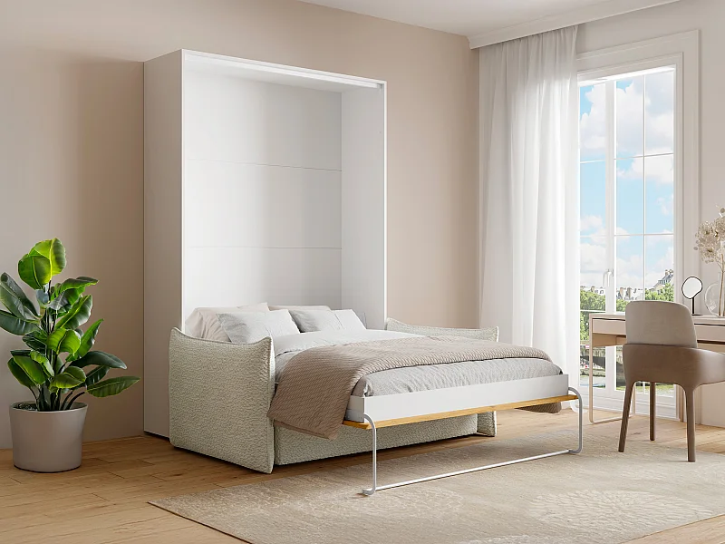 Lit escamotable 140 x 200 cm - Ouverture verticale manuelle - Coloris : Naturel et blanc + Canapé - BEGANIO