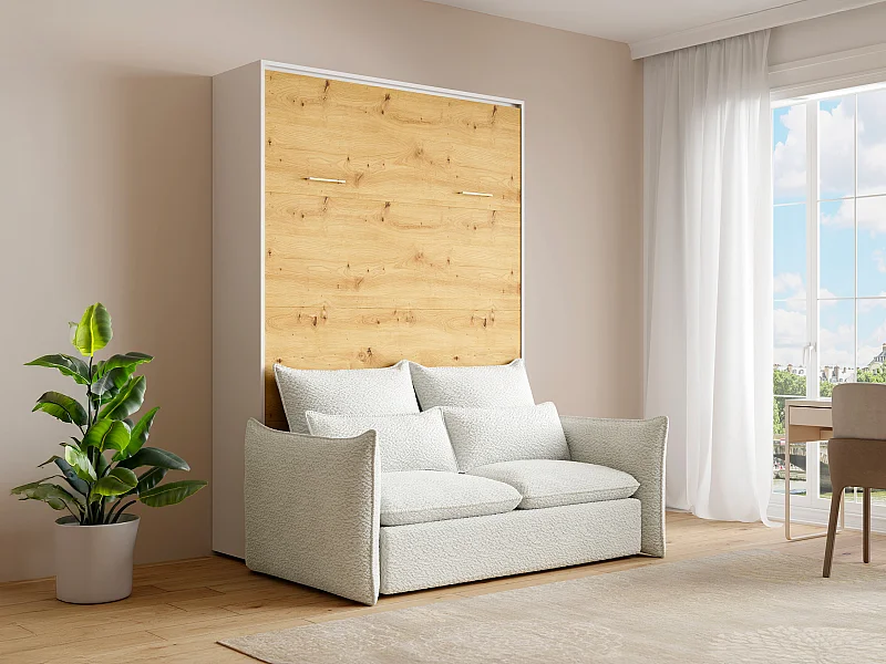 Letto a scomparsa 140 x 200 cm - Apertura verticale manuale - Naturale e bianco + Divano - BEGANIO