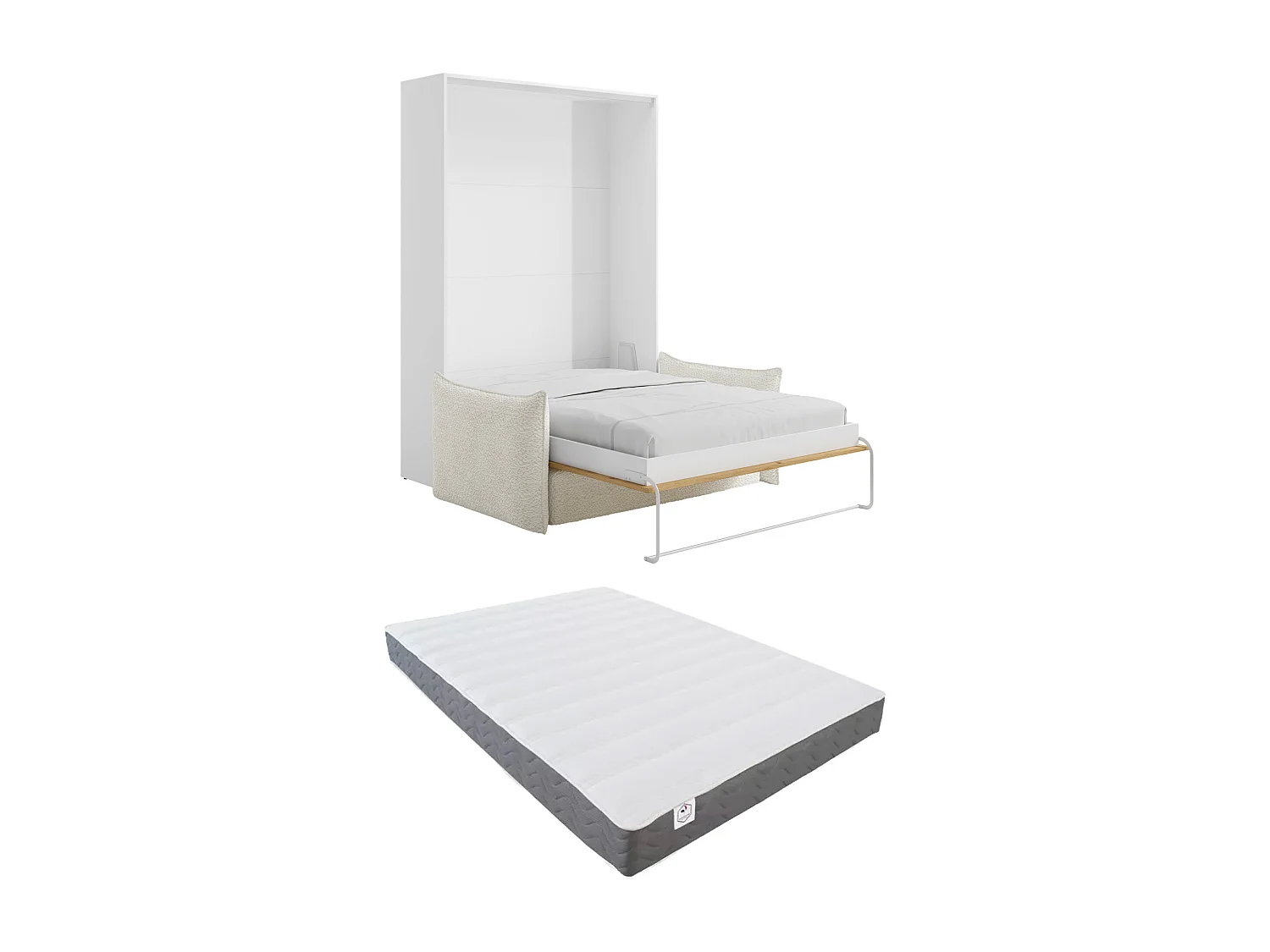 Lit escamotable 140 x 200 cm - Ouverture verticale manuelle - Coloris : Naturel et blanc + Matelas + Canapé - BEGANIO