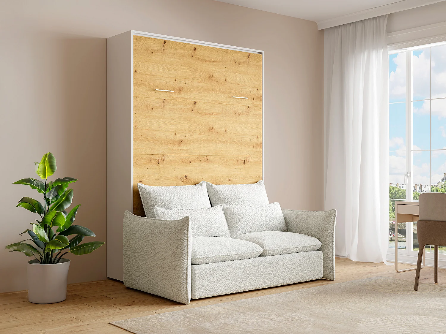 Sovesofa med veggseng 140 x 200 cm - Manuell vertikal åpning - Farge: Natur og hvit + Madrass + Sofa - BEGANIO