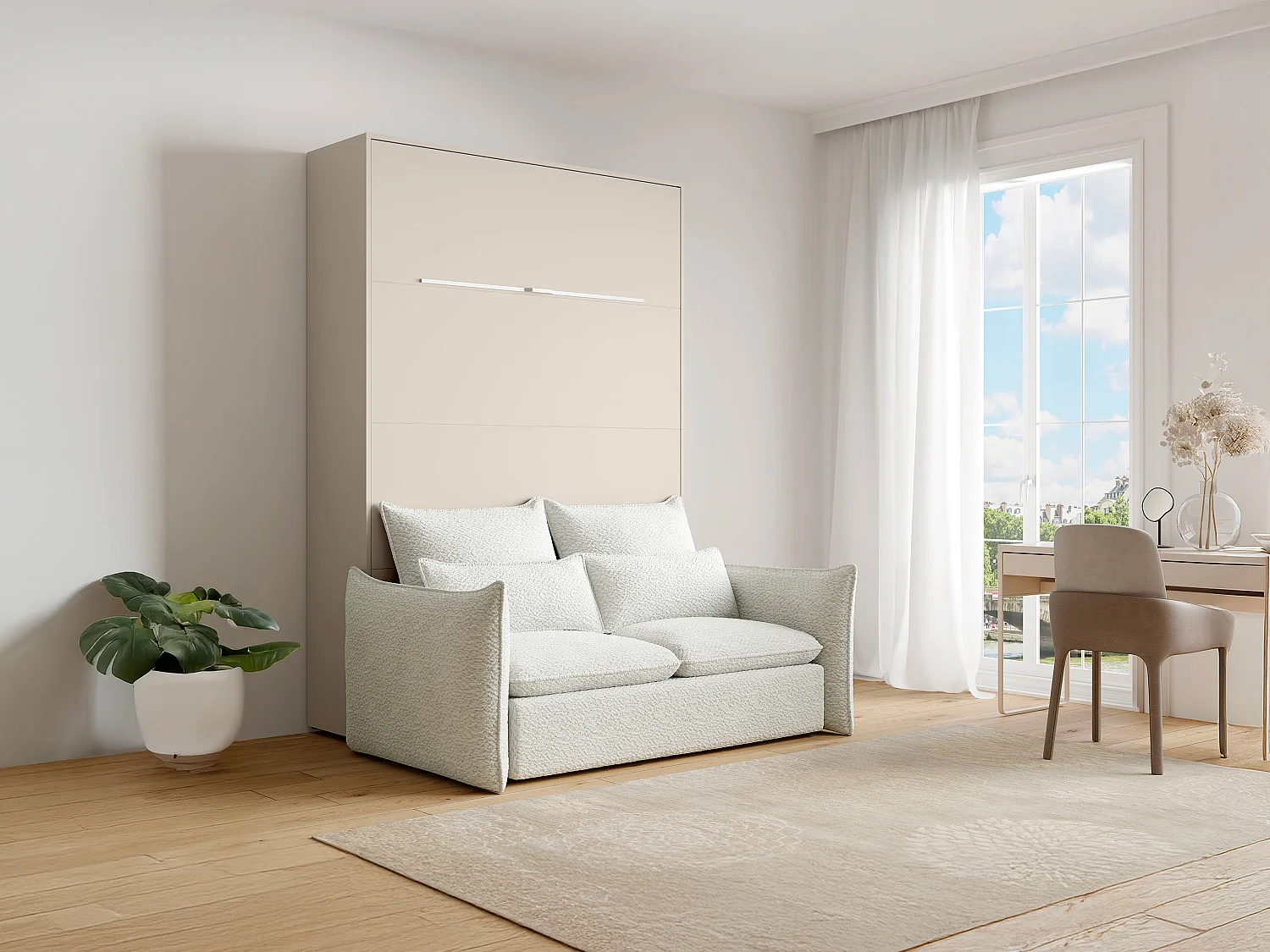 Lit escamotable 140 x 200 cm - Ouverture verticale manuelle - Avec LEDs - Beige + Canapé - RAPILI