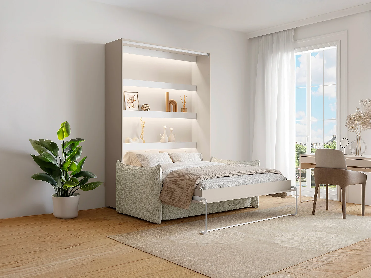 Infällbar säng 140 x 200 cm - Manuell vertikal öppning - Med LED-lampor - Beige + Soffa - RAPILI