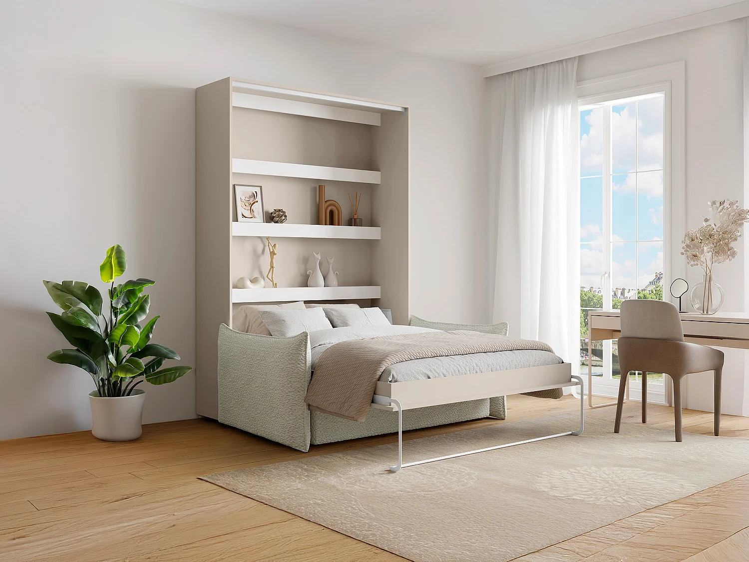 Infällbar säng 140 x 200 cm - Manuell vertikal öppning - Med LED-lampor - Beige + Soffa - RAPILI