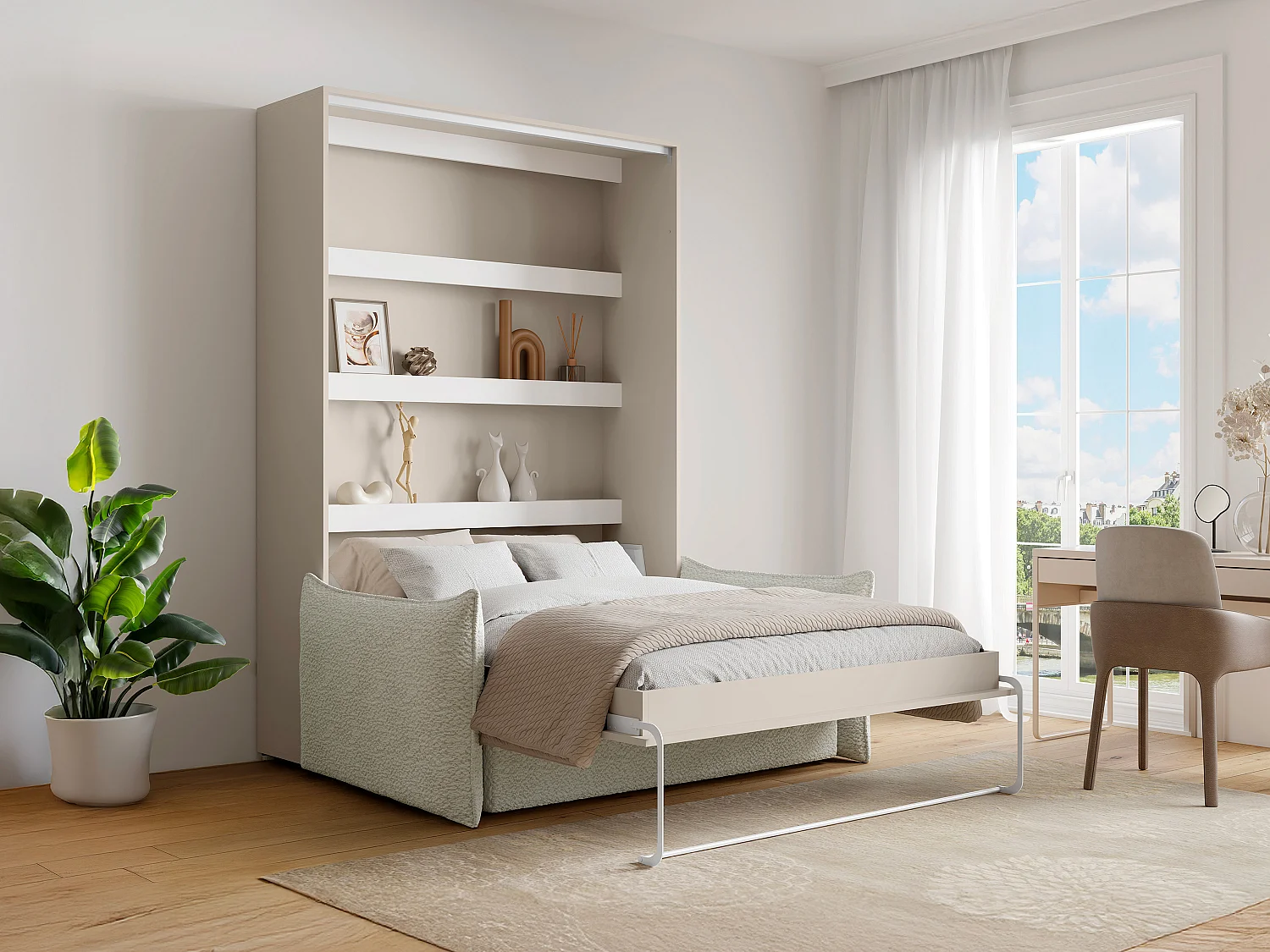 Lit escamotable 140 x 200 cm - Ouverture verticale manuelle - Avec LEDs - Beige + Canapé en tissu bouclette beige - RAPILI