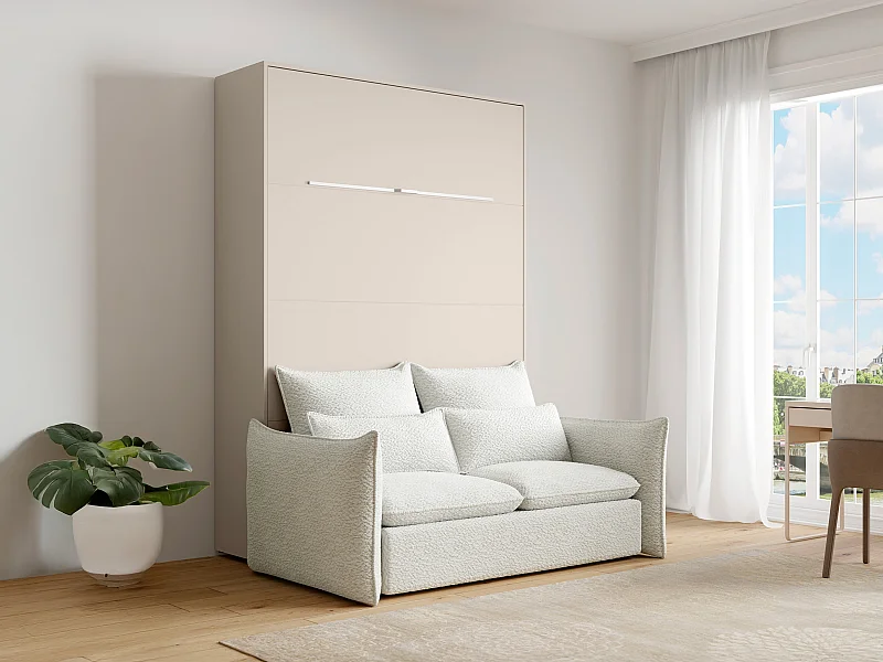 Lit escamotable 140 x 200 cm - Ouverture verticale manuelle - Avec LEDs - Beige + Canapé - RAPILI