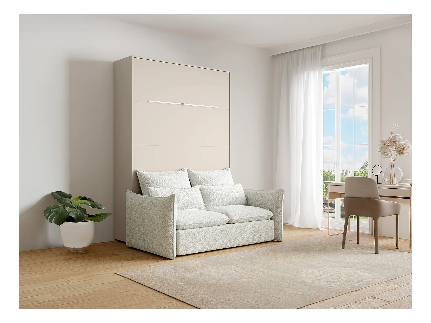 Nedfällbar säng 140 x 200 cm - Manuell vertikal öppning - Med LED-lampor - Beige + Madrass + Soffa - RAPILI