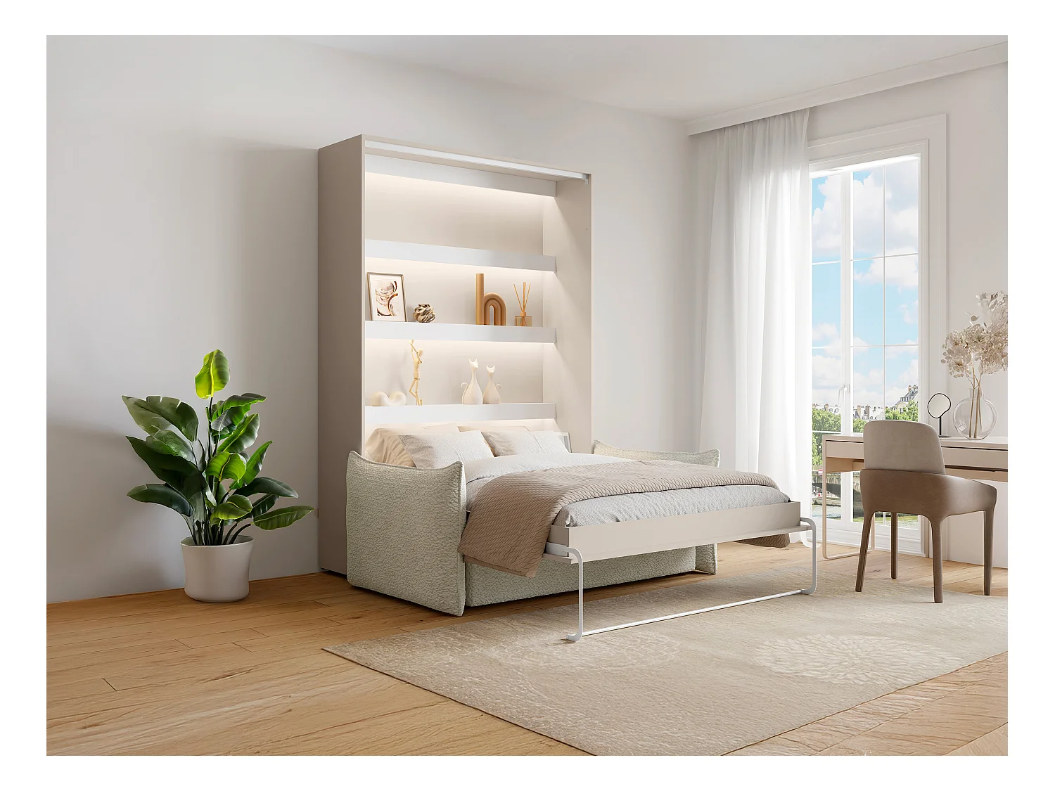 Lit escamotable 140 x 200 cm - Ouverture verticale manuelle - Avec LEDs - Beige + Matelas + Canapé - RAPILI