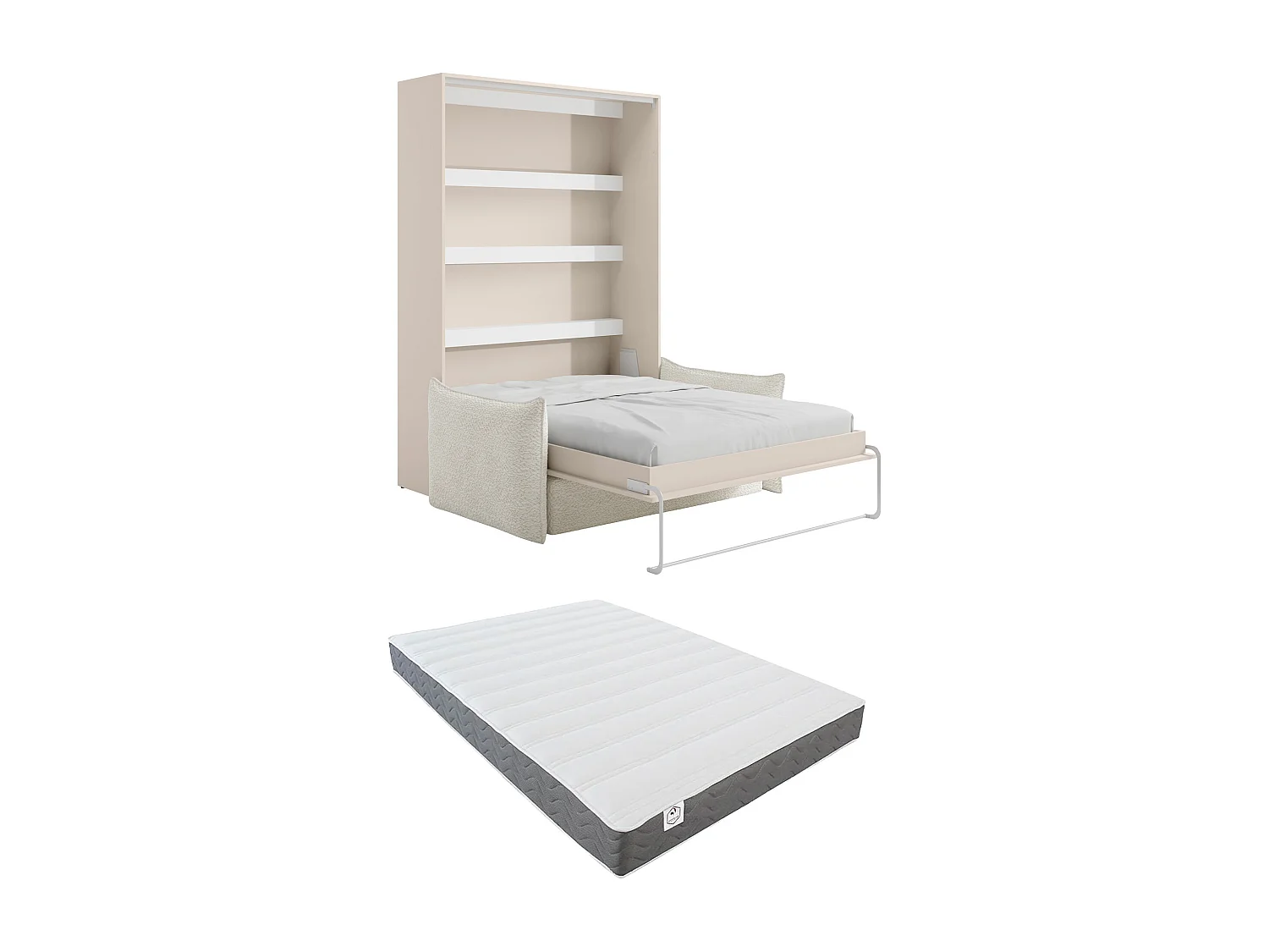 Nedfällbar säng 140 x 200 cm - Manuell vertikal öppning - Med LED-lampor - Beige + Madrass + Soffa - RAPILI