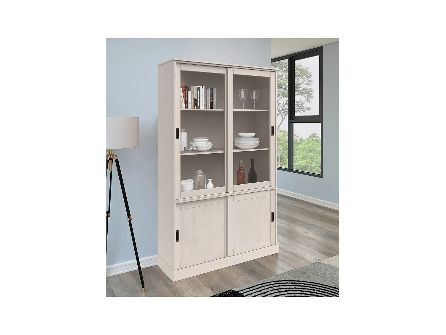 Harry | Vitrine met 2 houten deuren en 2 glazen deuren in grenen wit