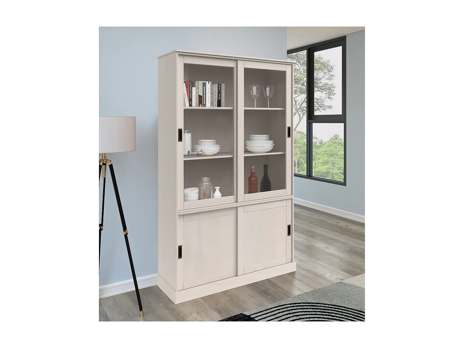 Harry | Vitrine avec 2 portes en bois et 2 portes en verre blanc sapin