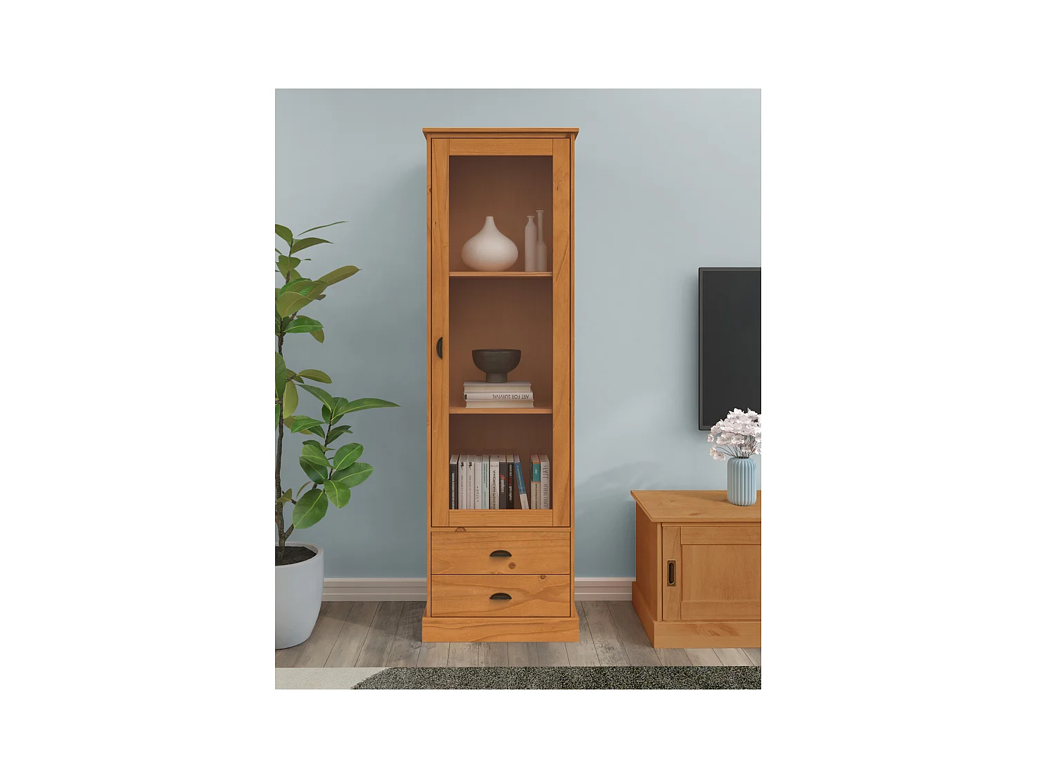 Harry | Vitrine met 1 glazen deur en 2 lades in grenen