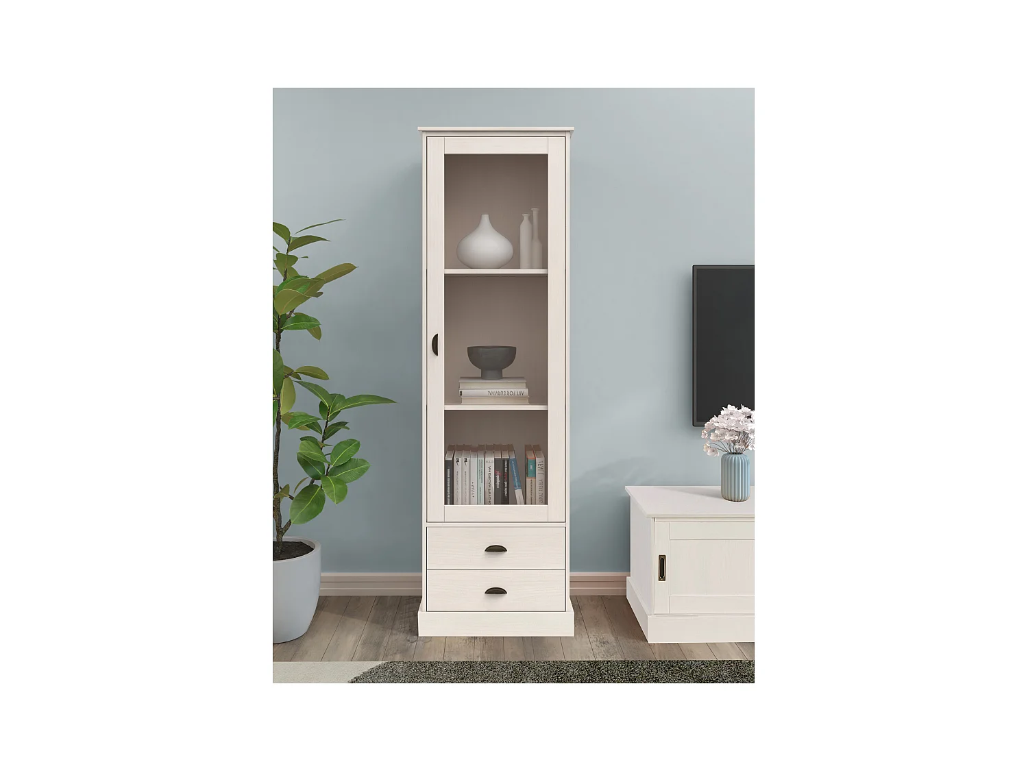 Harry | Vitrine met 1 glazen deur en 2 lades in dennenwit