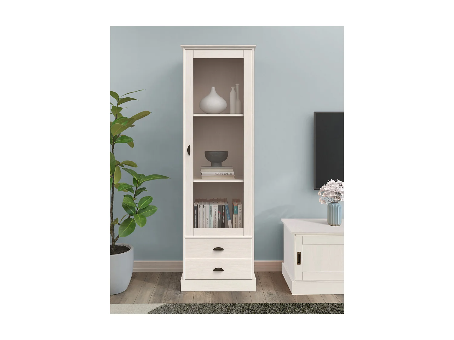 Harry | Showcase with 1 glass door and 2 drawers in pine white