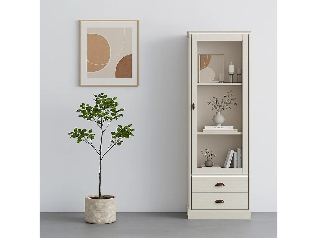 Harry | Showcase with 1 glass door and 2 drawers in pine white
