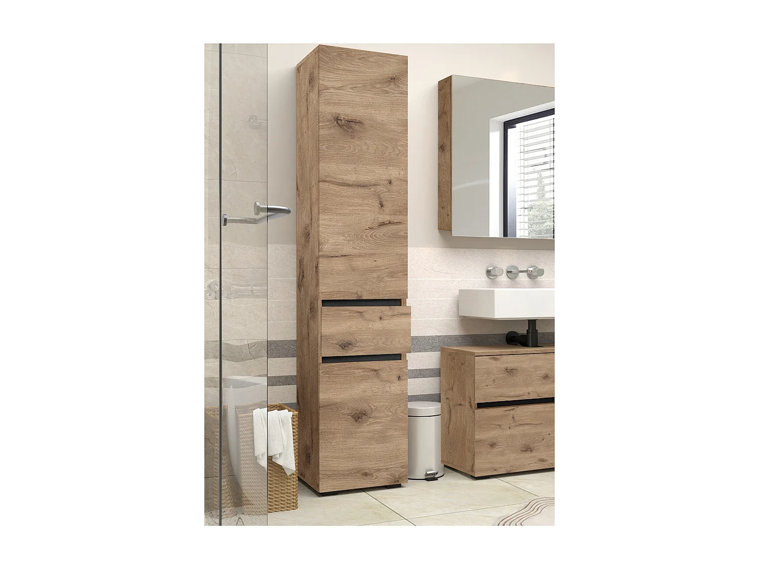 Wisla  | Meuble de salle de bain avec 2 portes et 1 tiroir aspect chêne