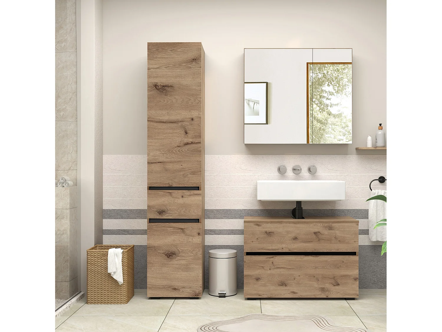 Wisla  | Meuble de salle de bain avec 2 portes et 1 tiroir aspect chêne