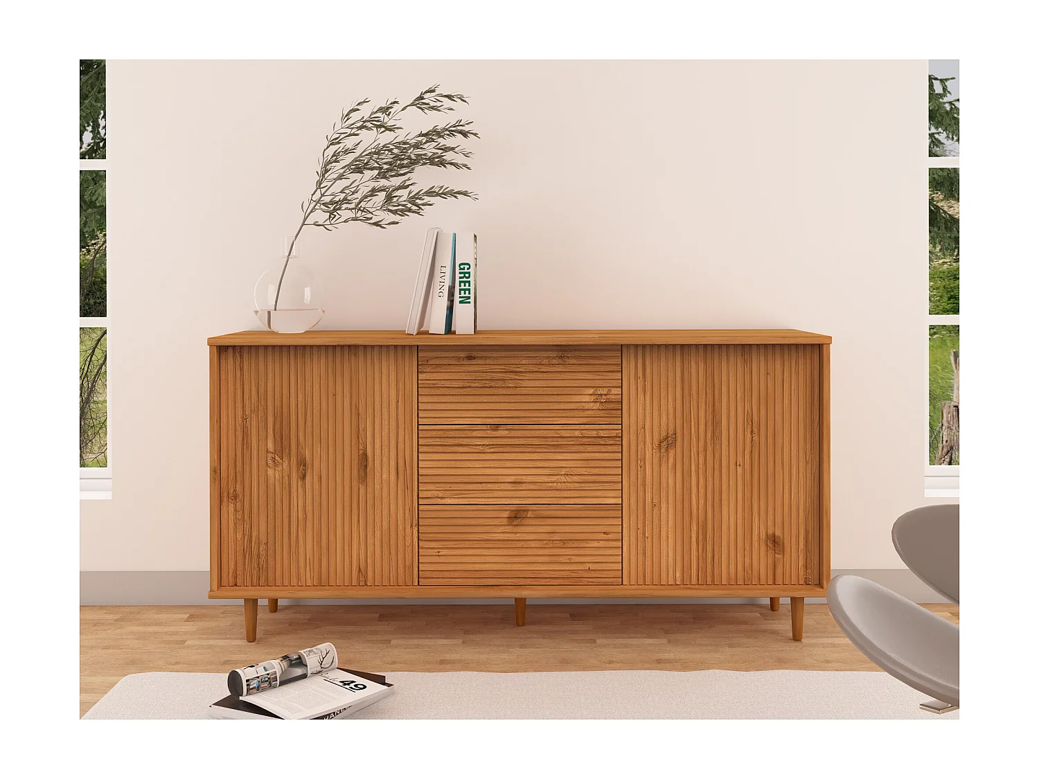 Jerzy | Enfilade 160 cm avec 2 portes/3 tiroirs en cire teintée pin