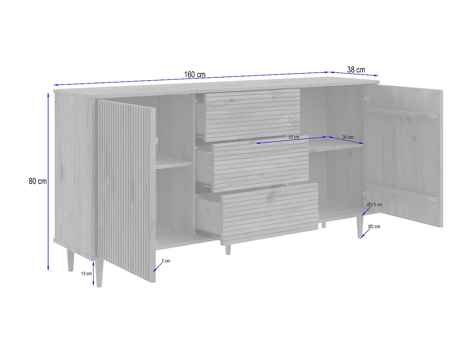 Jerzy | Enfilade 160 cm avec 2 portes/3 tiroirs en cire teintée pin