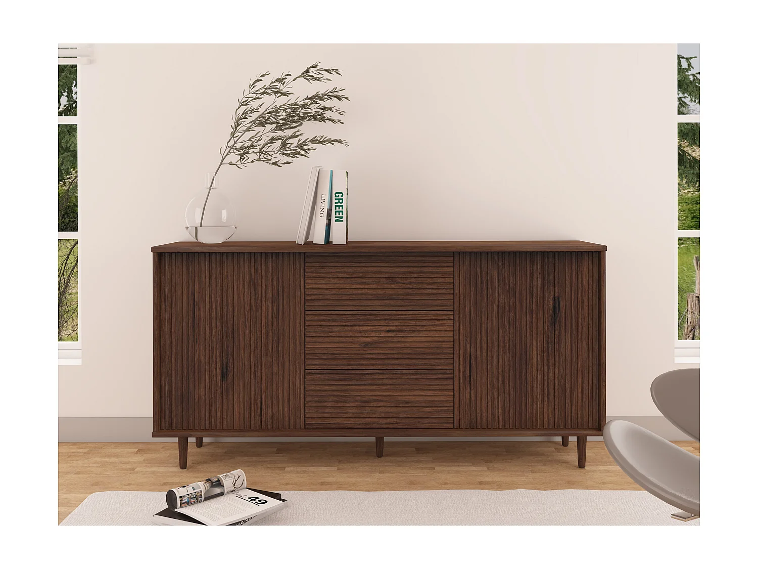 Jerzy | Enfilade 160 cm avec 2 Portes/3 Tiroirs en Pin laqué marron