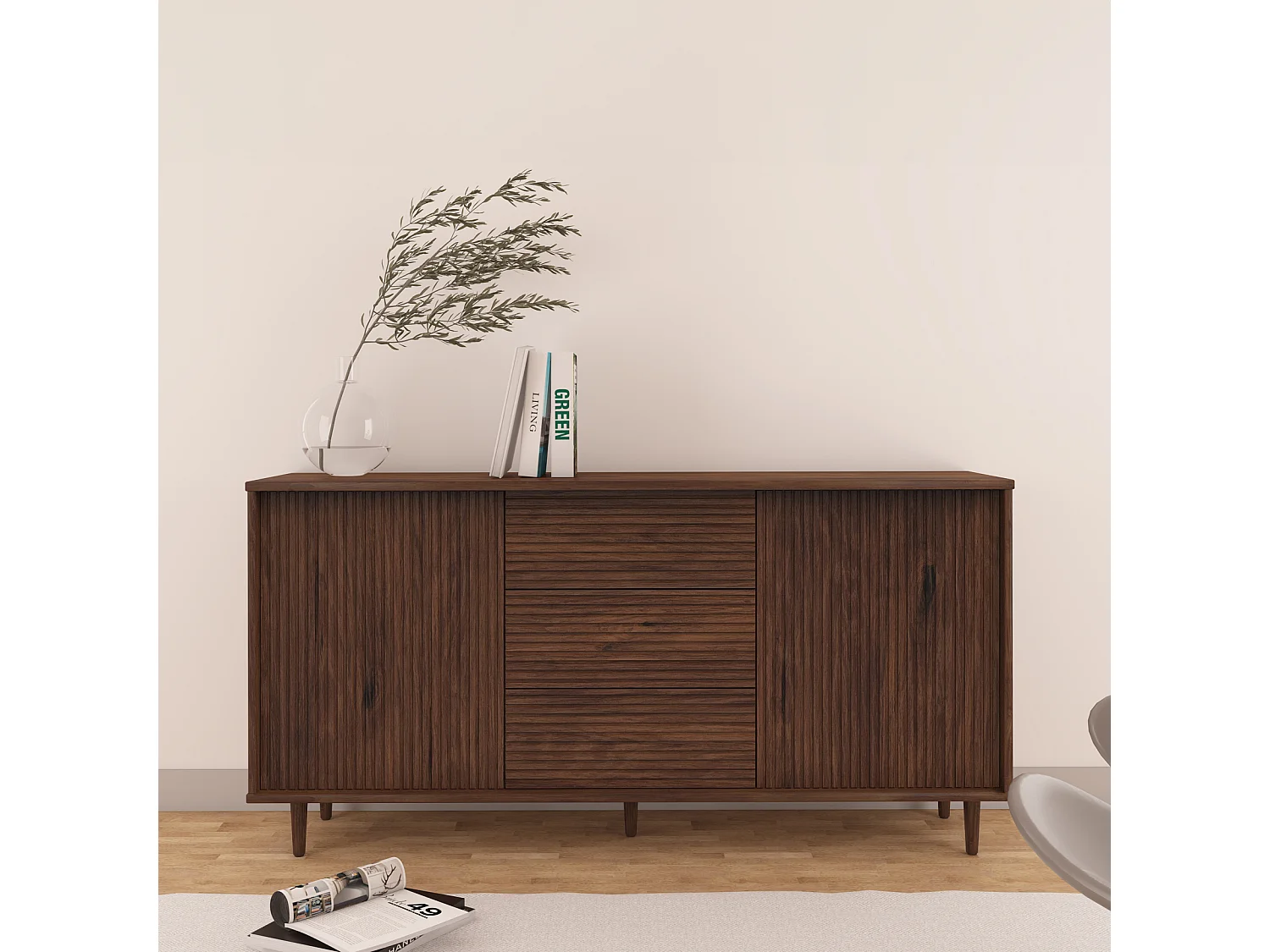 Jerzy | Enfilade 160 cm avec 2 Portes/3 Tiroirs en Pin laqué marron