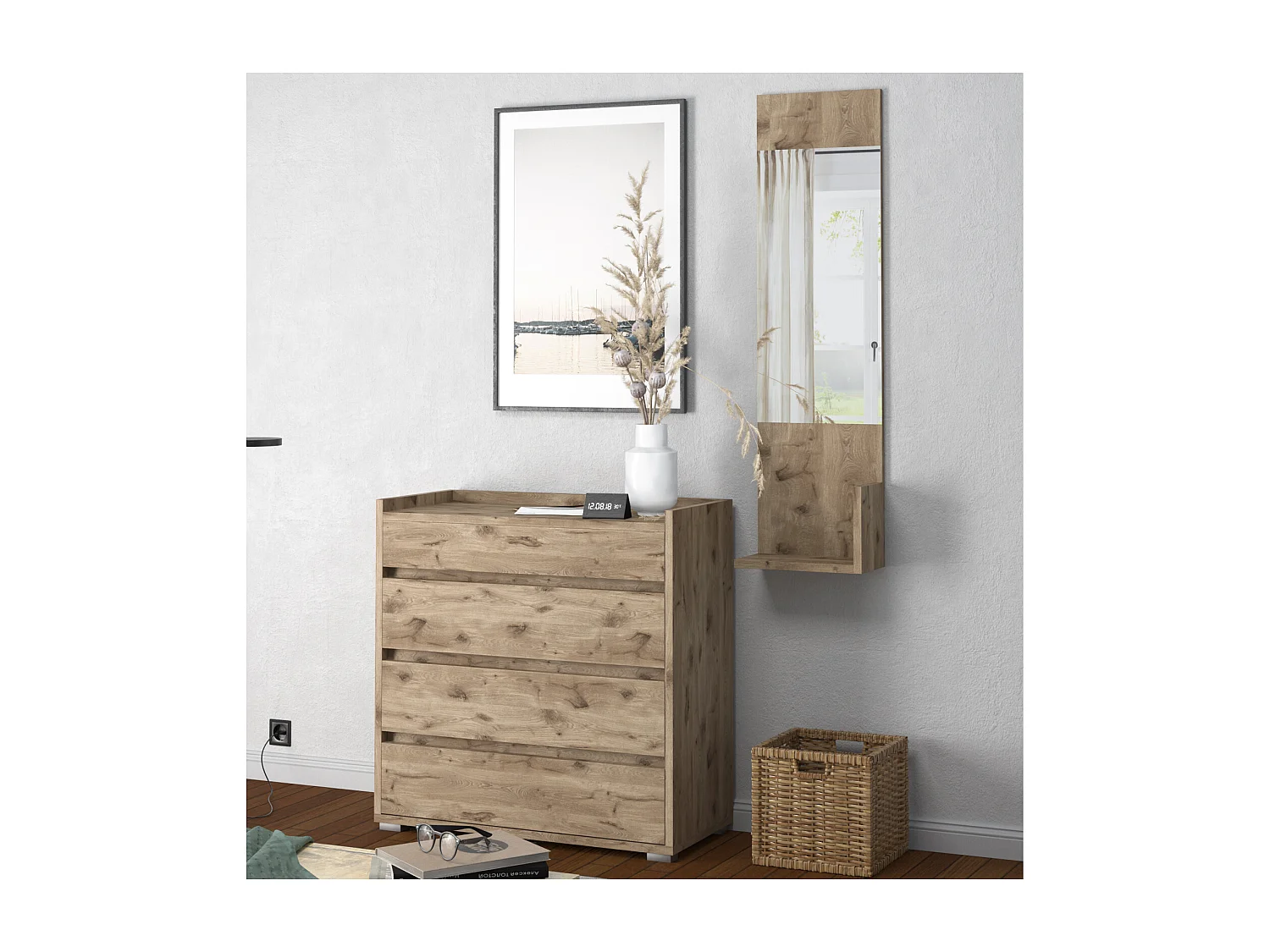 Kosmo | Miroir avec 1 étagère aspect chêne