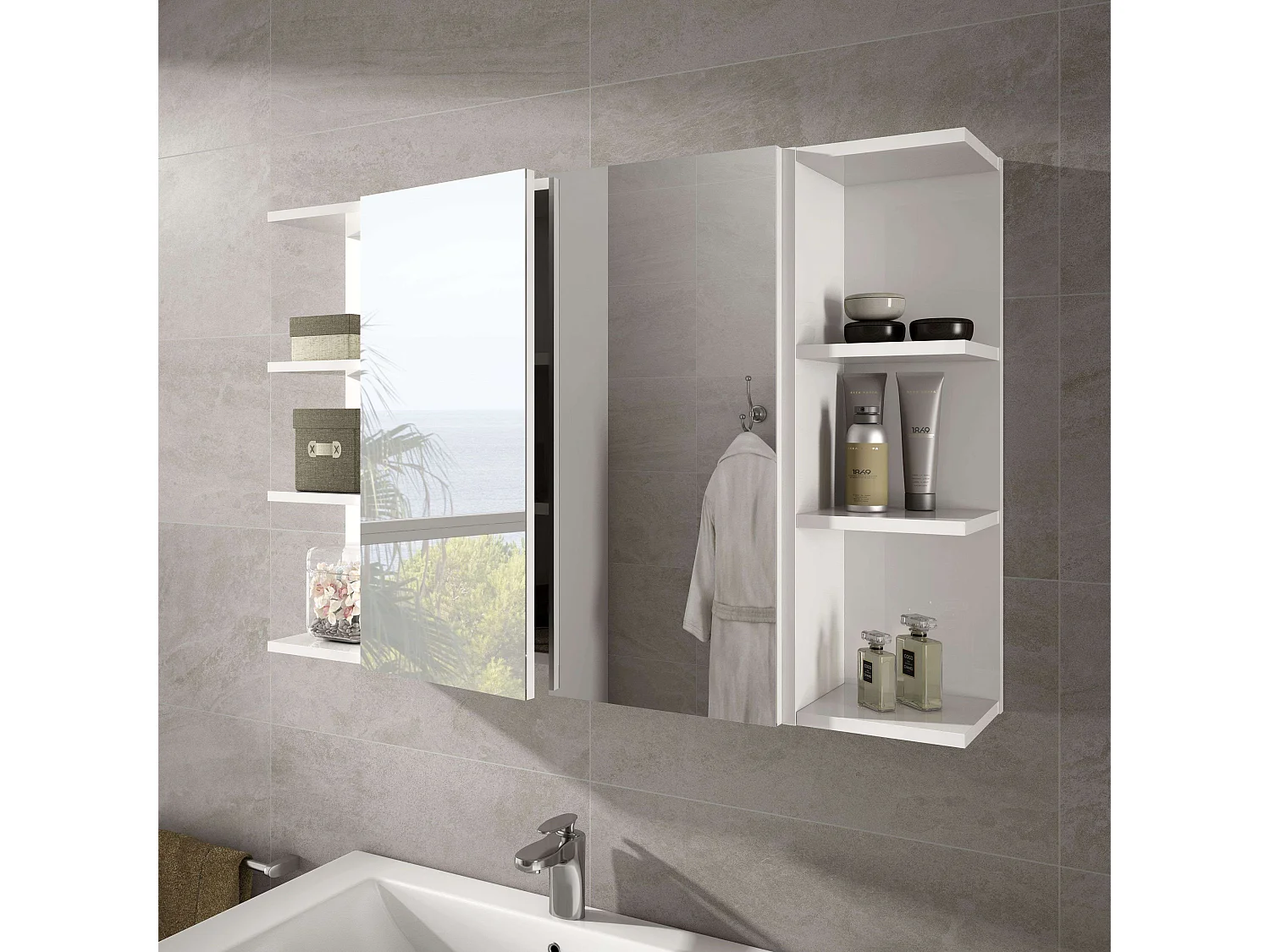 Pack 2 estanterías + Armario con Espejo para Baño Blanco Brillo