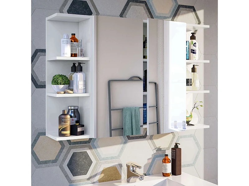 Pack 2 estanterías + Armario con Espejo para Baño Blanco Brillo