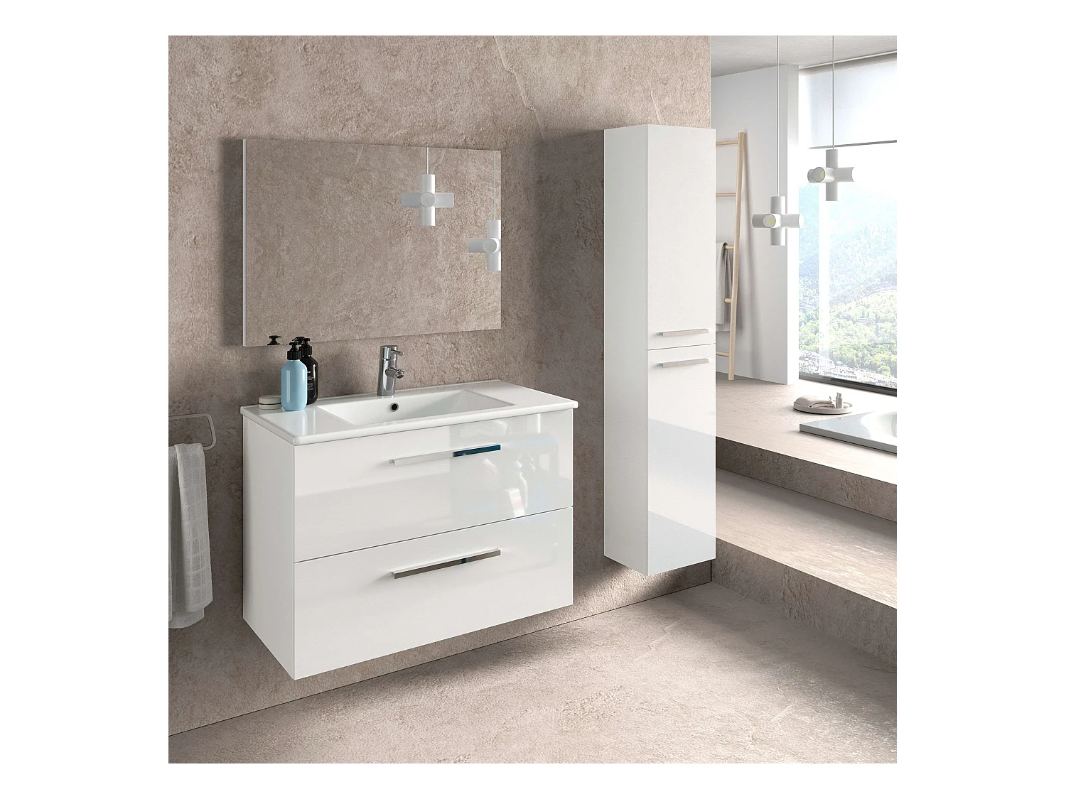 Pack Muebles Baño Aruba Contemporáneo: Mueble, Columna, Espejo, Lavamanos
