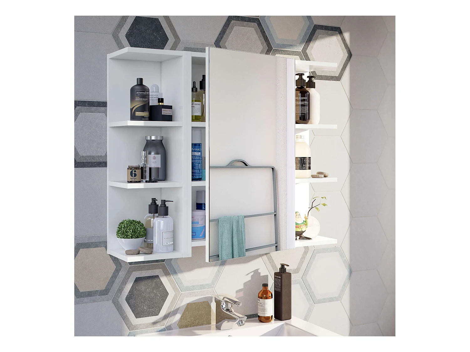 Pack Armario y 2 Espejos Blanco Brillo Almacenaje Baño 65x80x21 cm