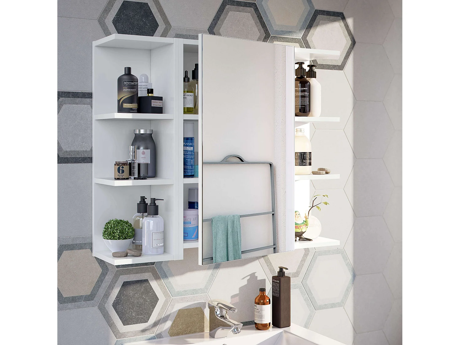 Pack Armario y 2 Espejos Blanco Brillo Almacenaje Baño 65x80x21 cm