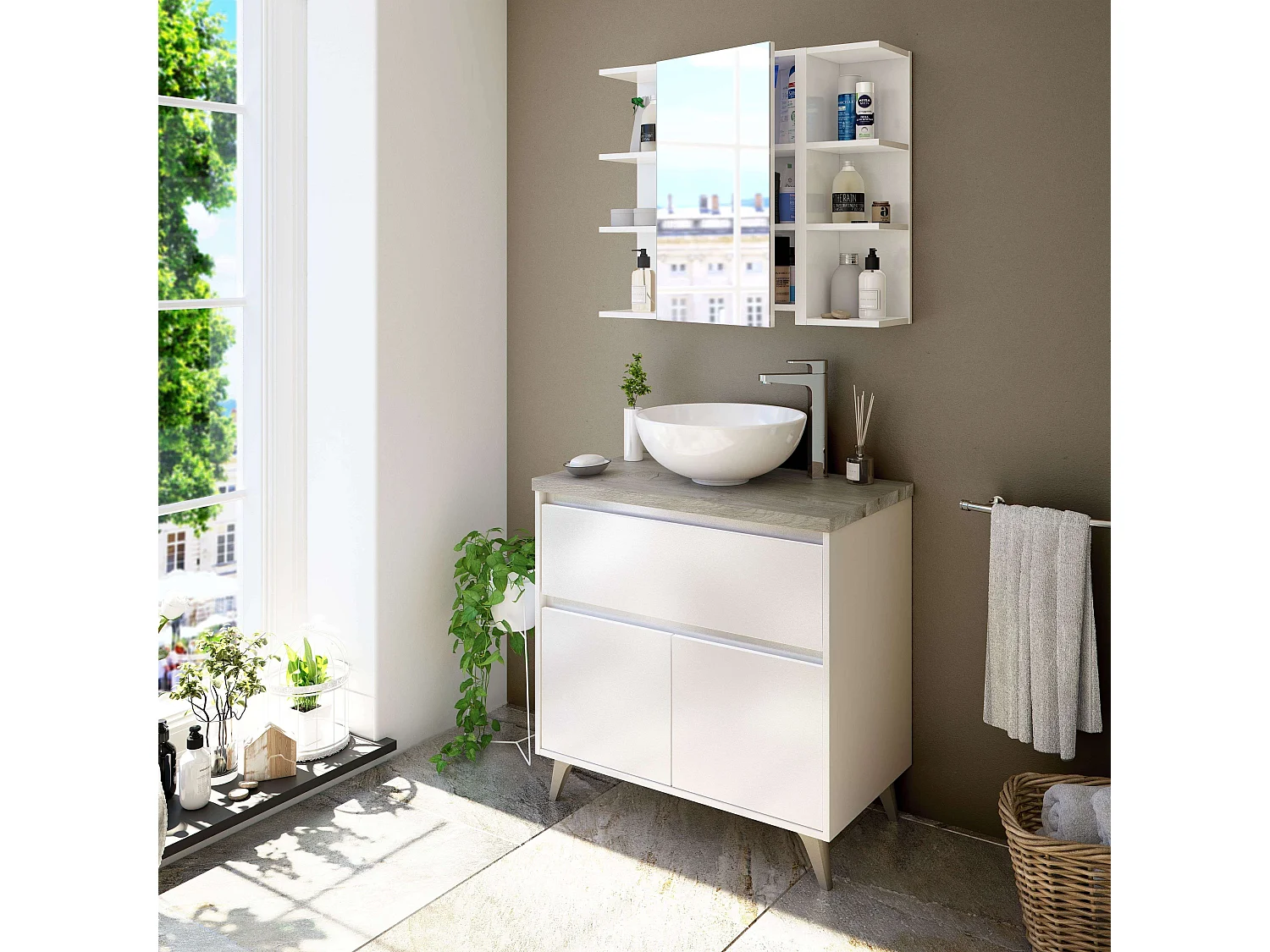 Pack Armario y 2 Espejos Blanco Brillo Almacenaje Baño 65x80x21 cm