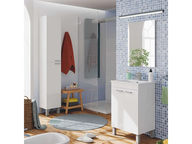 Pack muebles baño blanco brillo: mueble + espejo + columna + lavabo