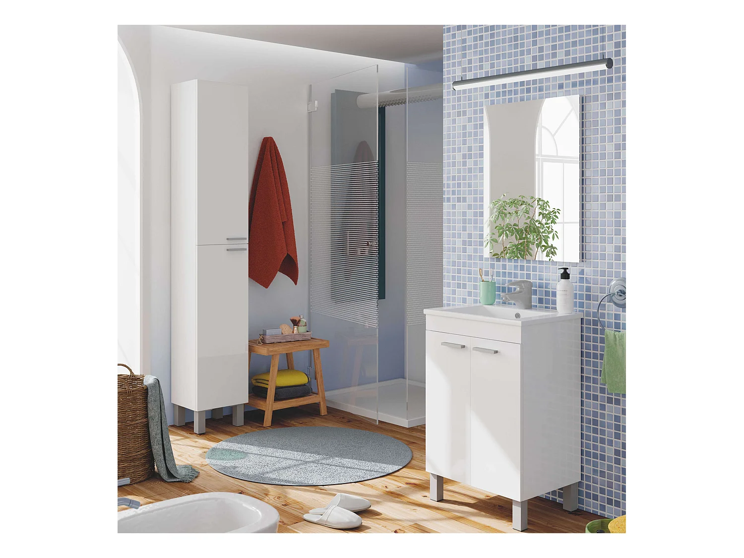 Pack muebles baño blanco brillo: mueble + espejo + columna + lavabo