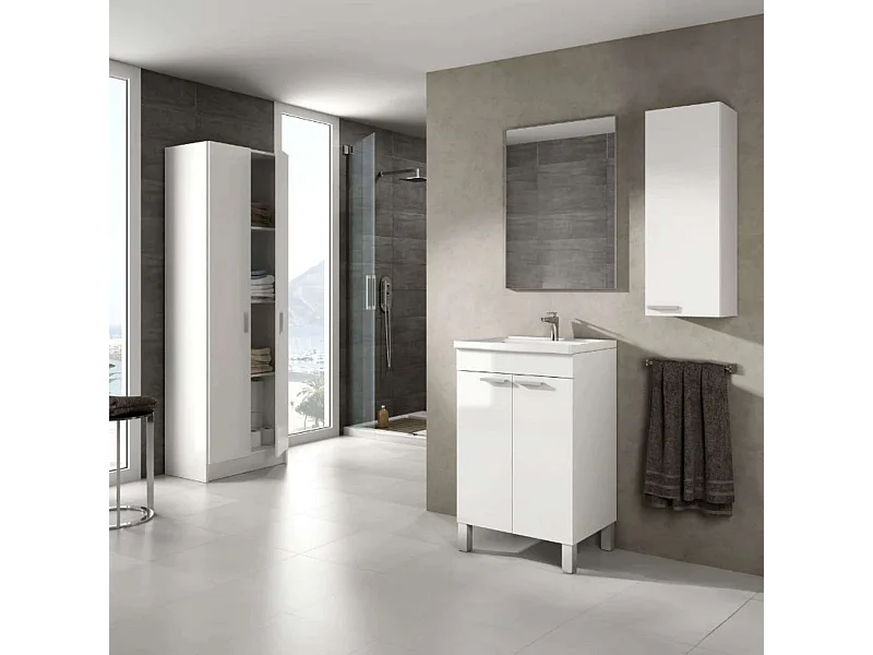 Pack mueble baño 2 p. espejo + armario pared y alto blanco (LAVAMANOS INCLUIDO)