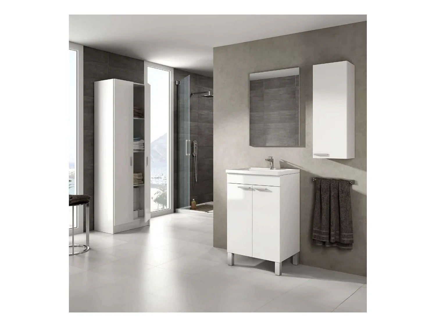 Pack mueble baño 2 p. espejo + armario pared y alto blanco (LAVAMANOS INCLUIDO)