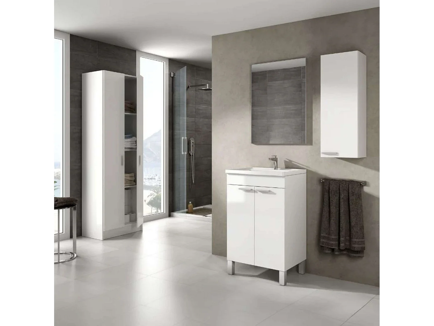 Pack mueble baño 2 p. espejo + armario pared y alto blanco (LAVAMANOS INCLUIDO)