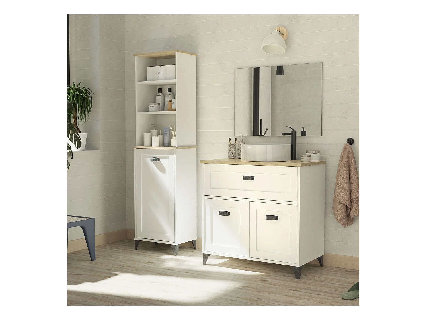 Pack Siena Baño: Columna Alta Blanco Soft y Roble Cambrian (Lavabo)