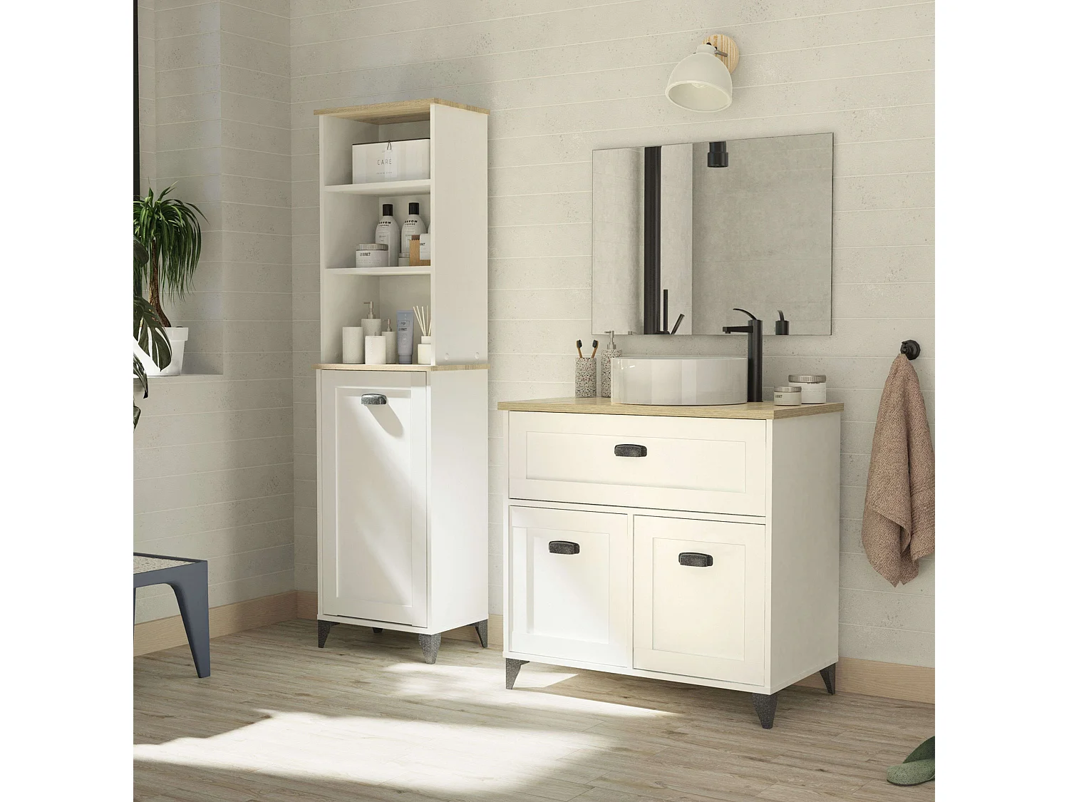 Pack Siena Baño: Columna Alta Blanco Soft y Roble Cambrian (Lavabo)