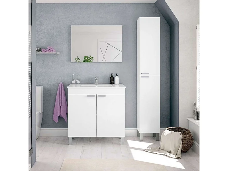 Pack mueble baño blanco brillo moderno: mueble + espejo + columna + lavabo