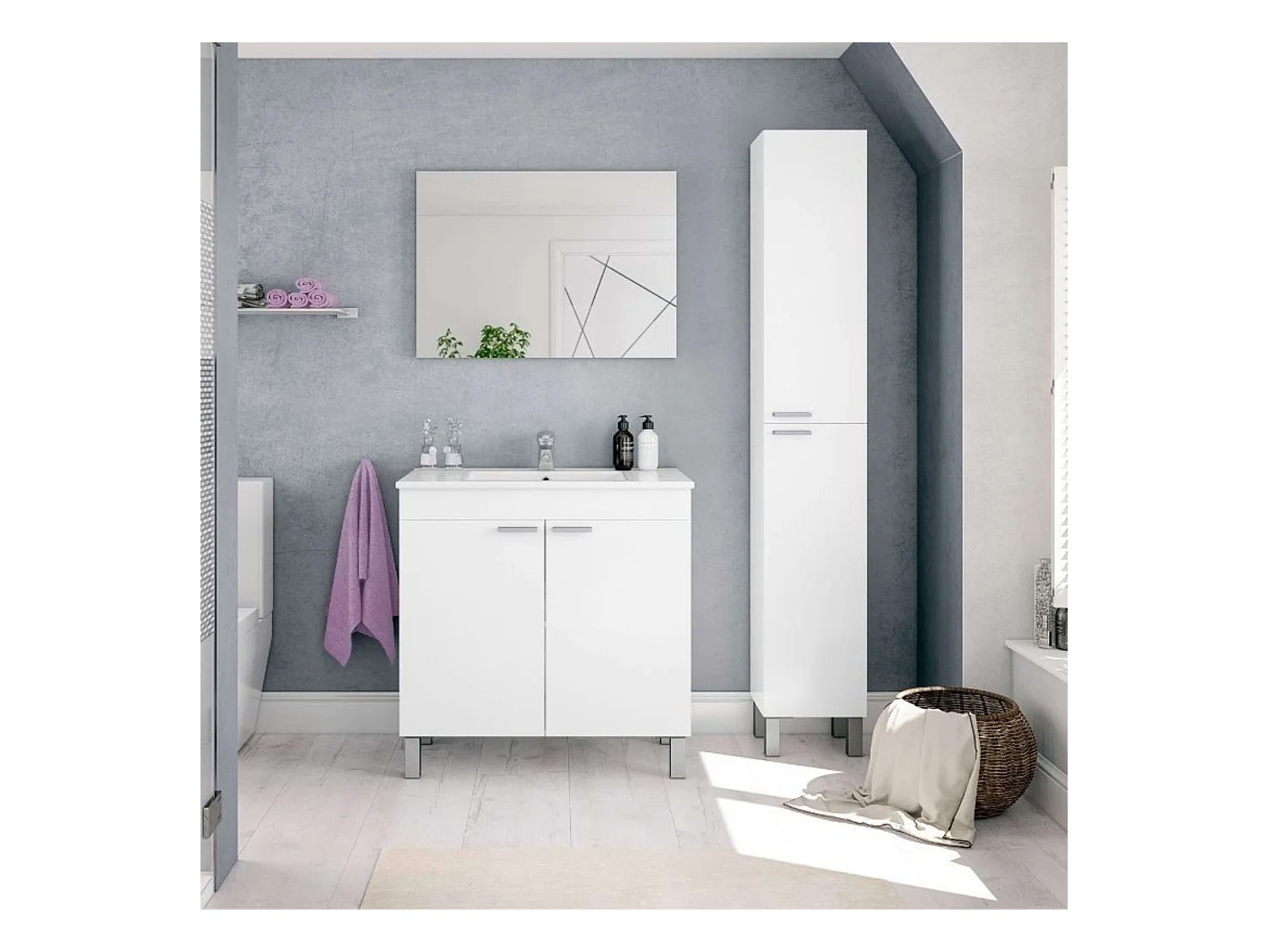 Pack mueble baño blanco brillo moderno: mueble + espejo + columna + lavabo