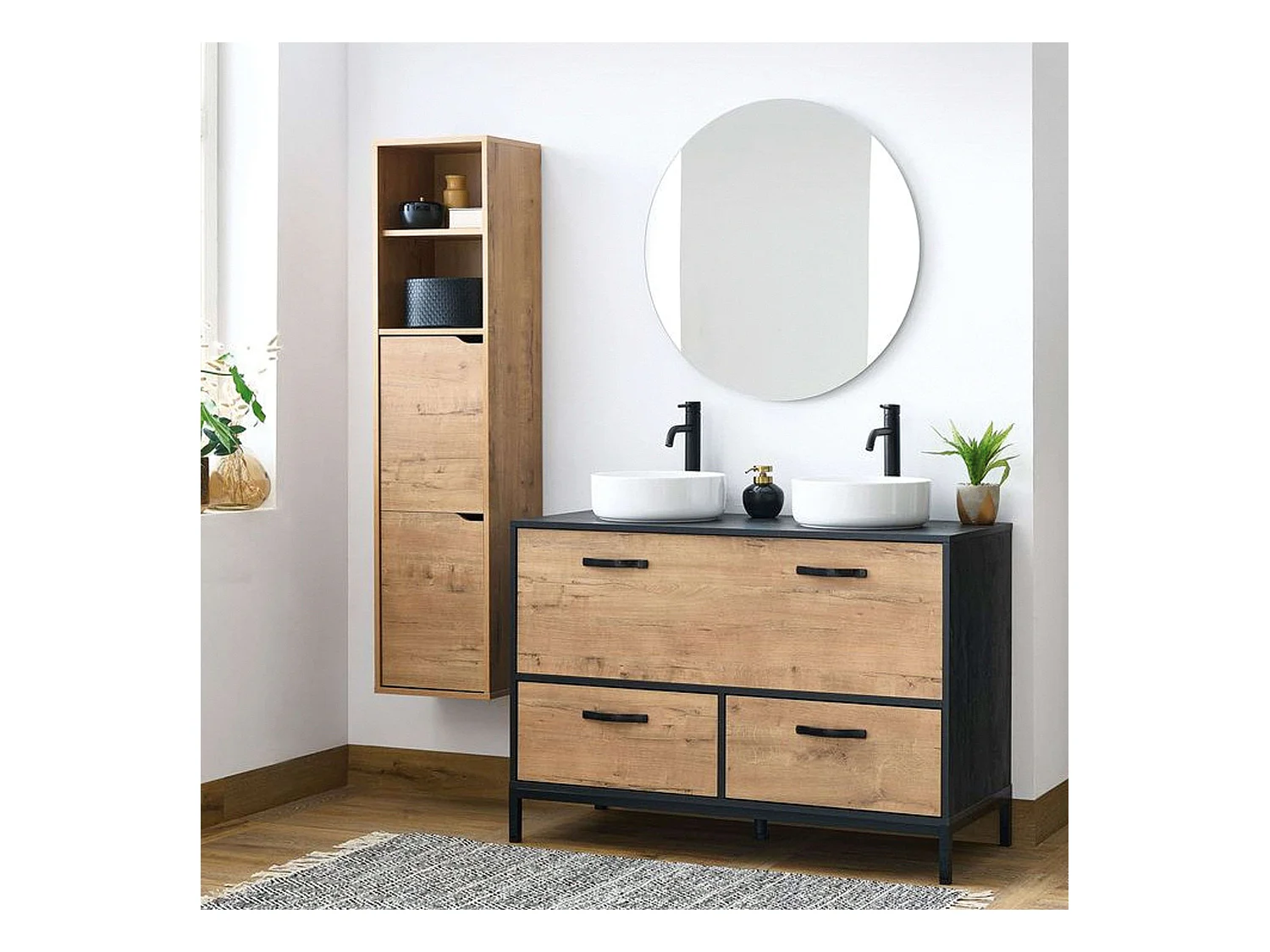 Pack Muebles Baño Sena Roble Gold y Negro con Lavabos incluidos