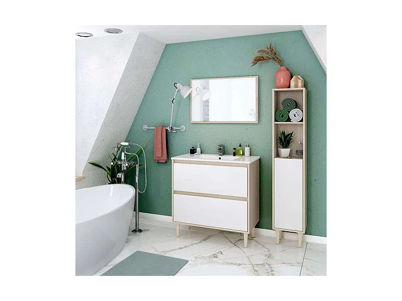 Pack muebles baño Verona con lavabo cerámico y columna roble y blanco brillo