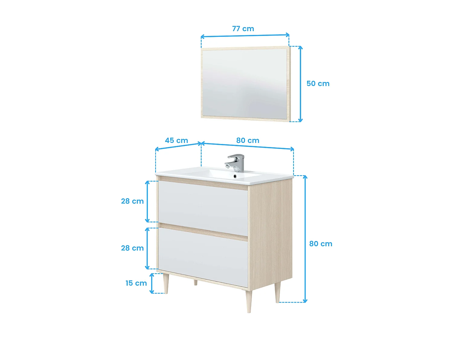 Pack muebles baño Verona con lavabo cerámico y columna roble y blanco brillo