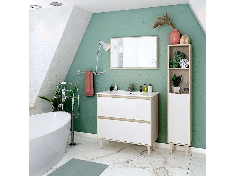 Pack muebles baño Verona con lavabo cerámico y columna roble y blanco brillo