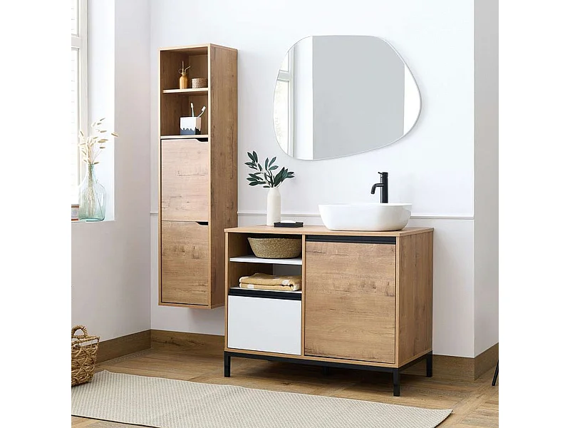 Pack Muebles baño Támesis Ind. Roble Gold y Blanco (Mueble + Columna + Lavabo)